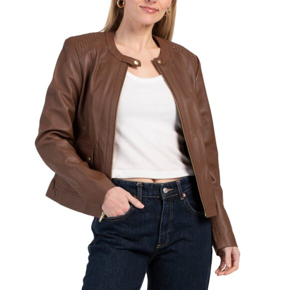COLE HAAN Hickory Lambskin Woven Shoulder Jacket